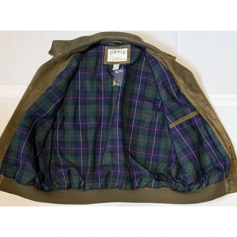 ORVIS - Men's Genuine Leather Suede Vest - Full Zip Plaid Flannel Lined - Large